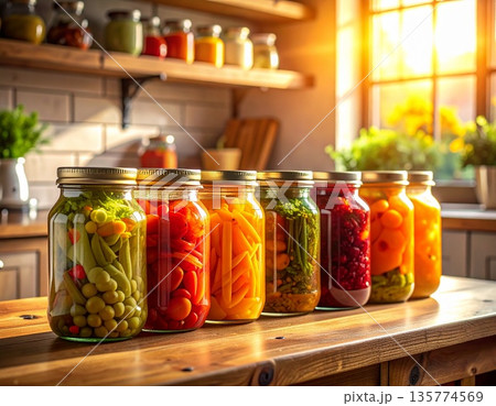 太陽の光を浴びて輝く新鮮な有機野菜の瓶詰めとヘルシーなライフスタイル 太陽の光を浴びて輝く新鮮な有機野菜の瓶詰めとヘルシーなライフスタイル 135774569