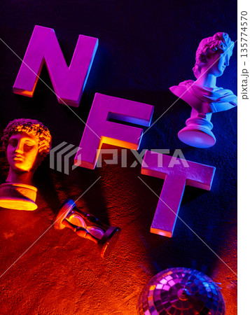 NFT Letters with Classical Sculpture Busts under Neon Pink Blue Lighting Crypto Art Concept NFT Letters with Classical Sculpture Busts under Neon Pink Blue Lighting Crypto Art Concept 135774570