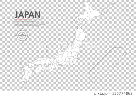 A map of Japan showing the regional boundaries with black lines against a white background. A map of Japan showing the regional boundaries with black lines against a white background. 135774862