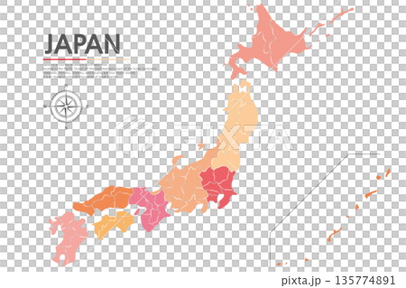 A map of Japan showing the regional boundaries in red. A map of Japan showing the regional boundaries in red. 135774891