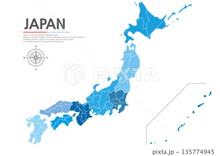 A map of Japan showing the regional boundaries in blue. 135774945