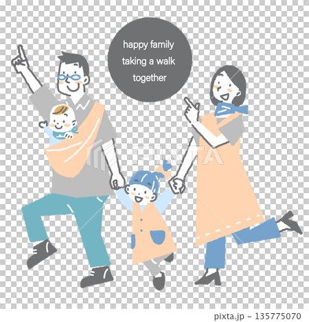 一個年輕的家庭外出遊玩，臉上洋溢著笑容。畫面簡潔時尚，筆觸柔和。 135775070