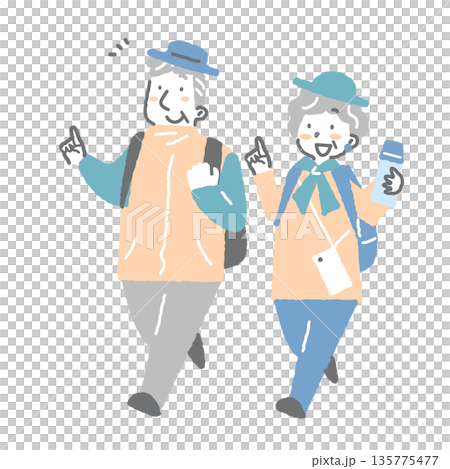 A smiling senior couple enjoying a trip. A simple and stylish illustration with a soft touch. 135775477