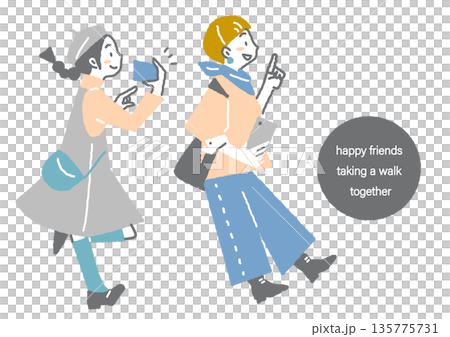 一位年輕女子與朋友們外出遊玩。簡潔時尚的插畫,筆觸柔和。 一位年輕女子與朋友們外出遊玩。簡潔時尚的插畫,筆觸柔和。 135775731