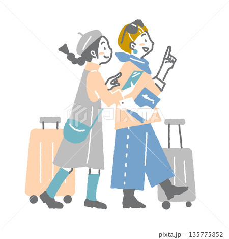 友達との旅行を楽しむ若い女性 やわらかいタッチのお洒落なシンプルイラスト 友達との旅行を楽しむ若い女性 やわらかいタッチのお洒落なシンプルイラスト 135775852