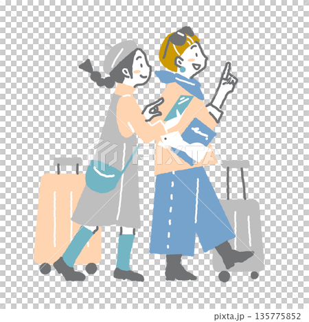 友達との旅行を楽しむ若い女性 やわらかいタッチのお洒落なシンプルイラスト 友達との旅行を楽しむ若い女性 やわらかいタッチのお洒落なシンプルイラスト 135775852