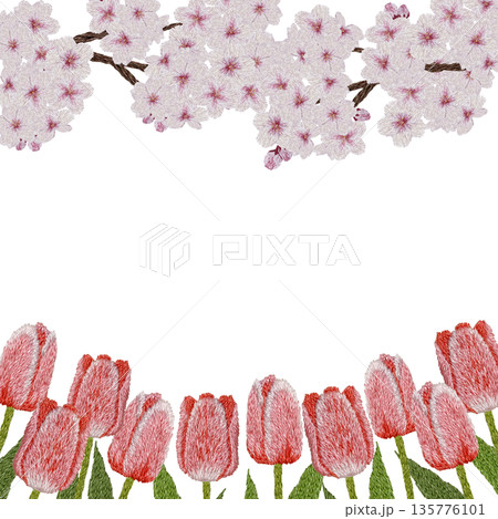 【桜と赤色のチューリップフレーム】手刺繍イラスト素材 135776101