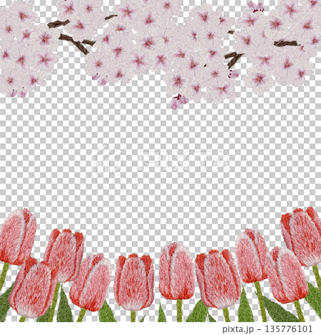 【櫻花與紅鬱金香相框】手工刺繡插畫材質 【櫻花與紅鬱金香相框】手工刺繡插畫材質 135776101