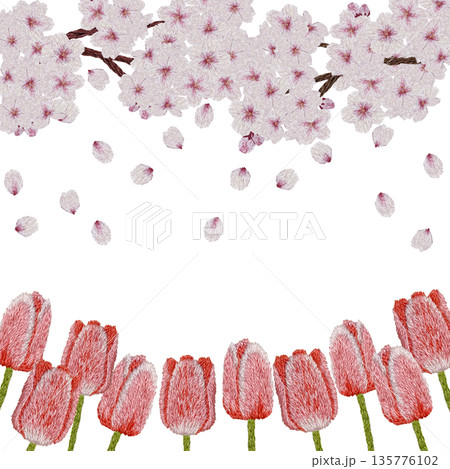 【桜と赤色のチューリップフレーム】手刺繍イラスト素材 135776102