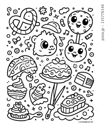 Whimsical coloring page featuring a collection of adorable food characters and desserts 135776148