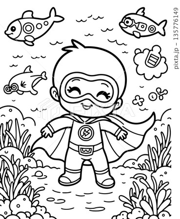 Underwater superhero baby exploring ocean floor with fish friends for coloring worksheet Underwater superhero baby exploring ocean floor with fish friends for coloring worksheet 135776149