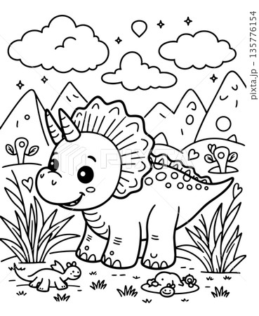 Triceratops dinosaur coloring page for kids cute cartoon with mountains background 135776154