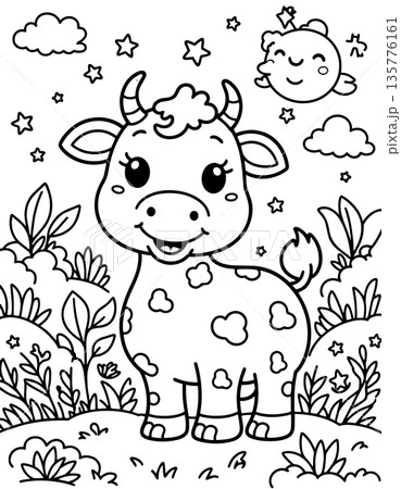 Sweet baby cow coloring page standing in jungle surrounded by plants stars and puffy clouds 135776161