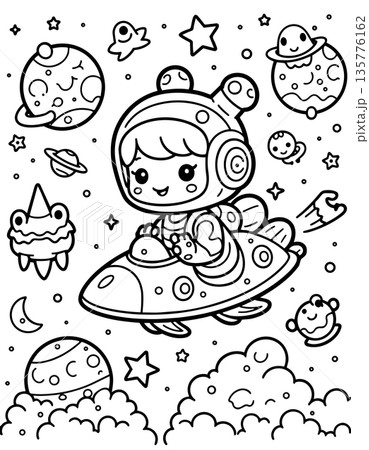 Sweet baby astronaut girl riding a flying saucer surrounded by planets and stars in space Sweet baby astronaut girl riding a flying saucer surrounded by planets and stars in space 135776162