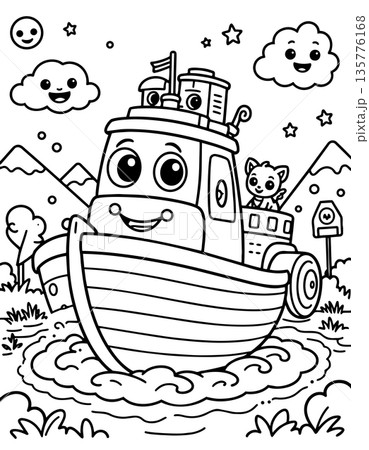 Smiling cartoon tugboat sailing water with cute animal passenger near hills 135776168