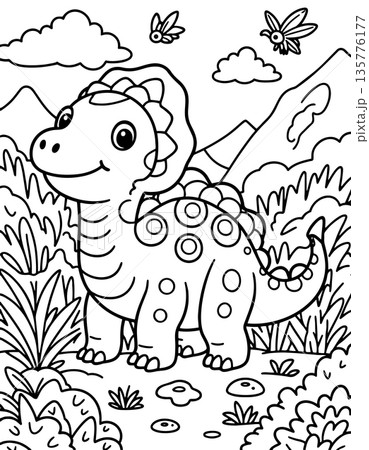 Little stegosaurus dinosaur coloring sheet with circles and plates in tropical forest set Little stegosaurus dinosaur coloring sheet with circles and plates in tropical forest set 135776177