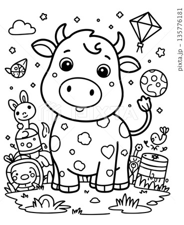 Little cartoon cow coloring page standing on ground surrounded by toys and accessories line art Little cartoon cow coloring page standing on ground surrounded by toys and accessories line art 135776181
