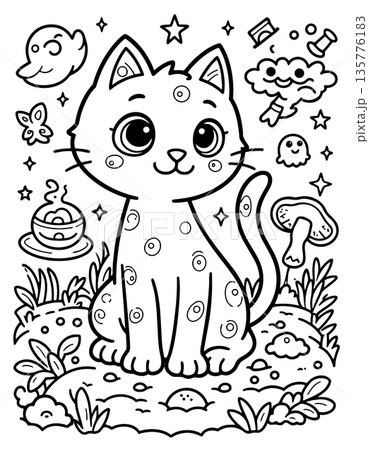 Leopard cat kitten coloring page with magical symbols ghosts stars and mushrooms elements 135776183