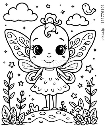 Happy baby fairy with large decorative wings standing in magical garden coloring page outline design Happy baby fairy with large decorative wings standing in magical garden coloring page outline design 135776191