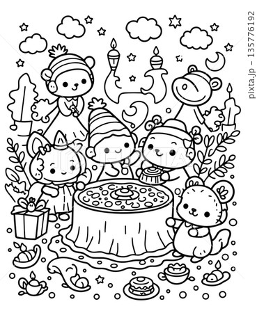 Group of happy cartoon animals around large decorated cake celebrating birthday party 135776192