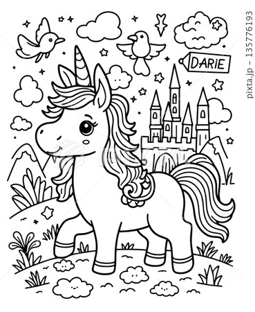 Graceful unicorn standing in front of a fairytale castle with birds flying Graceful unicorn standing in front of a fairytale castle with birds flying 135776193