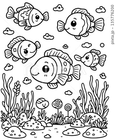 Four adorable tropical fish coloring page underwater setting with ocean plants and rocks background 135776200