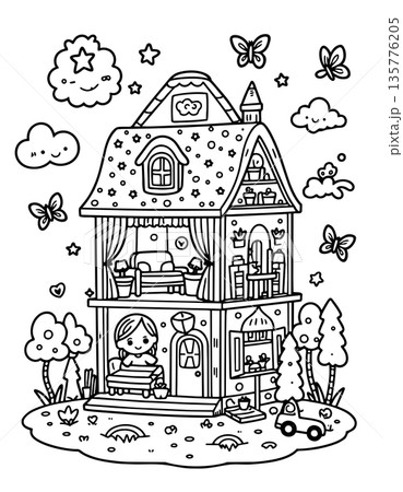 Detailed dollhouse with a girl inside, surrounded by trees, butterflies, and clouds 135776205