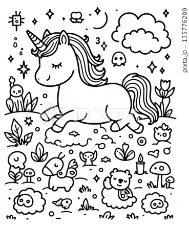 Cute unicorn galloping through a whimsical forest with playful creatures and stars Cute unicorn galloping through a whimsical forest with playful creatures and stars 135776209