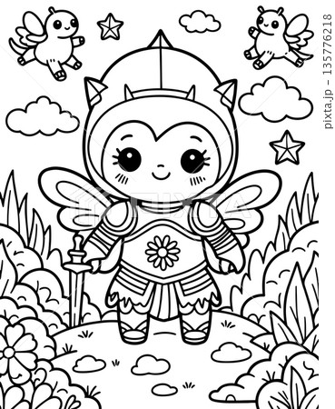 Cute fairy knight with wings and armor holding sword, outline illustration 135776218