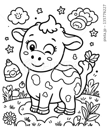 Cute cartoon cow winking with flowers and apple coloring page for kids Cute cartoon cow winking with flowers and apple coloring page for kids 135776227