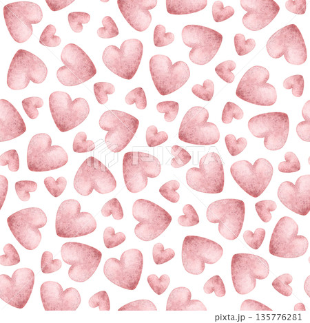 Pink watercolor hearts seamless pattern on white. Romantic love repeat background for Valentine's Day in simple childish style. Lovely wallpaper or festive wrapping paper clip art 135776281
