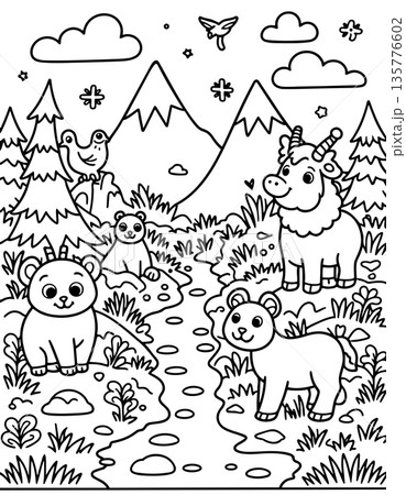 Coloring page depicting cute bears and fantasy unicorn in snowy mountain forest landscape scene 135776602