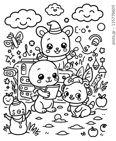 Cheerful nursery characters with clouds and camera coloring sheet for preschool education 135776605