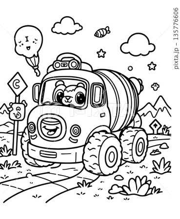 Cheerful concrete mixer truck coloring page with friendly bear driver and landscape Cheerful concrete mixer truck coloring page with friendly bear driver and landscape 135776606