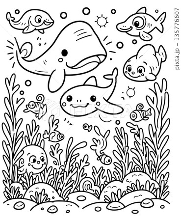 Charming whale and fish friends in vibrant underwater scene with seaweed Charming whale and fish friends in vibrant underwater scene with seaweed 135776607