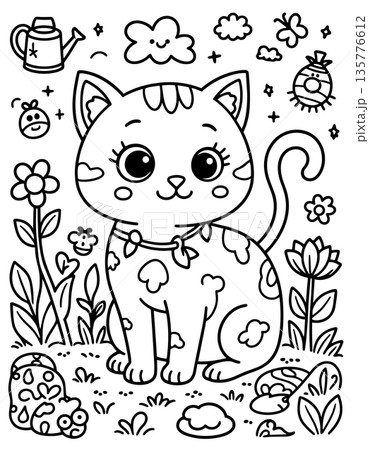 Charming cat coloring page in a garden surrounded by flowers and small bugs Charming cat coloring page in a garden surrounded by flowers and small bugs 135776612