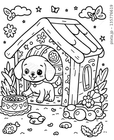 Adorable puppy in its dog house with a food bowl, surrounded by flowers and butterflies 135776619