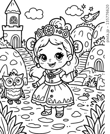 Adorable cartoon princess with ornate crown, smiling next to owl and fairytale castle 135776620