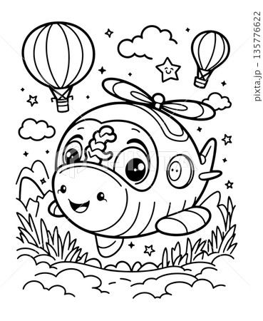 Adorable cartoon helicopter flying with hot air balloons and friendly happy clouds 135776622