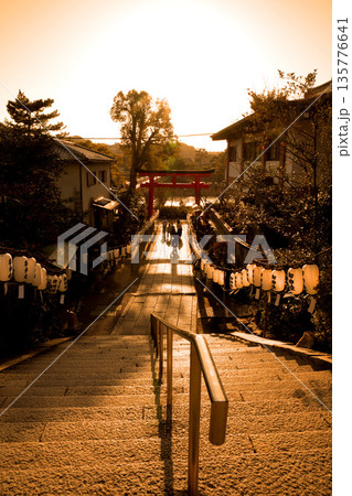 夕焼けに染まる、神社の鳥居 135776641