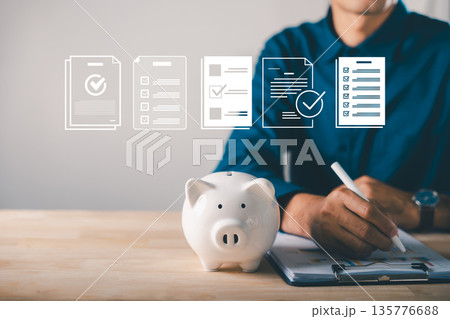 Piggy bank finance money documents save management check document icons hover above desk while man writes on clipboard, tracking monthly business expenses for financial stability Piggy bank finance money documents save management check document icons hover above desk while man writes on clipboard, tracking monthly business expenses for financial stability 135776688