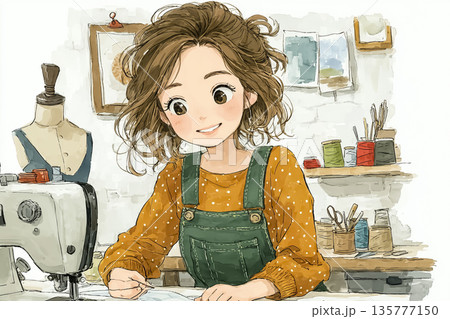 美優シリーズ：服をリメイクする若い女性｜サステナブルなものづくりと手仕事のイラスト 135777150