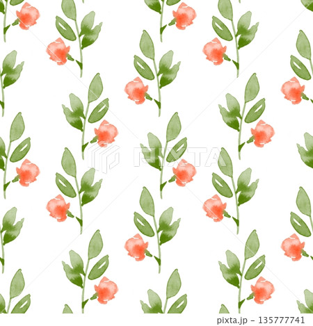 Hand drawn watercolor seamless pattern with small orange flowers and green leaves on white background Hand drawn watercolor seamless pattern with small orange flowers and green leaves on white background 135777741
