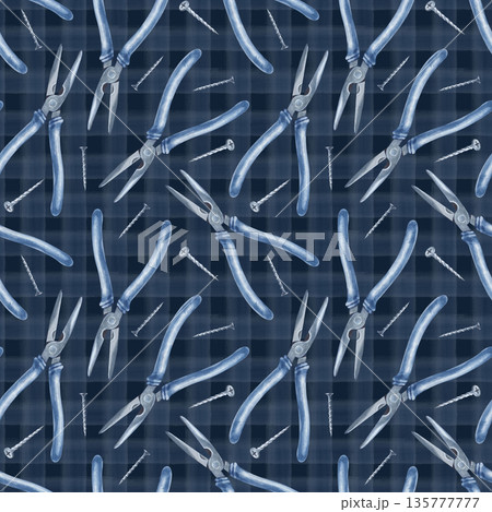 Watercolor seamless pattern with men's tools. Pliers and self-tapping screws on a dark checkered background. A realistic, repetitive template for the design of home renovation and construction 135777777