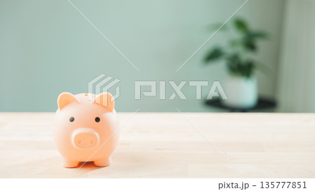 Cute pink piggy bank stands on wooden table for money saving and financial planning, blurred home office background with green houseplant provides minimalist copy space Cute pink piggy bank stands on wooden table for money saving and financial planning, blurred home office background with green houseplant provides minimalist copy space 135777851