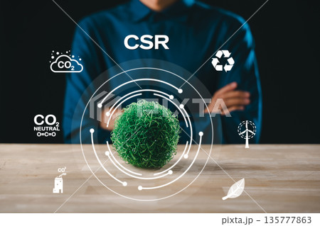 CSR, corporate social responsibility business concept, promotes green sustainable environment, energy, recycle, reducing carbon emissions, supporting earth plant growth for future wellbeing CSR, corporate social responsibility business concept, promotes green sustainable environment, energy, recycle, reducing carbon emissions, supporting earth plant growth for future wellbeing 135777863