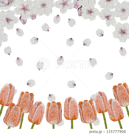 【桜とオレンジ色のチューリップフレーム】手刺繍イラスト素材 135777908