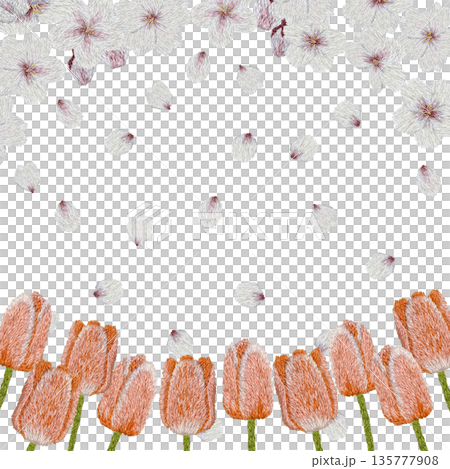 【桜とオレンジ色のチューリップフレーム】手刺繍イラスト素材 135777908