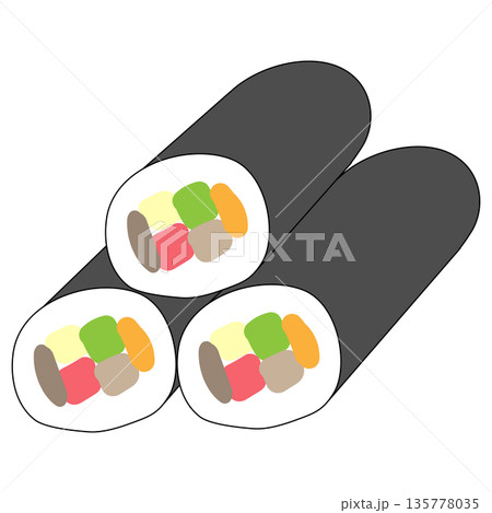節分の恵方巻のイラスト 断面の具材が見える3本の太巻き寿司 135778035