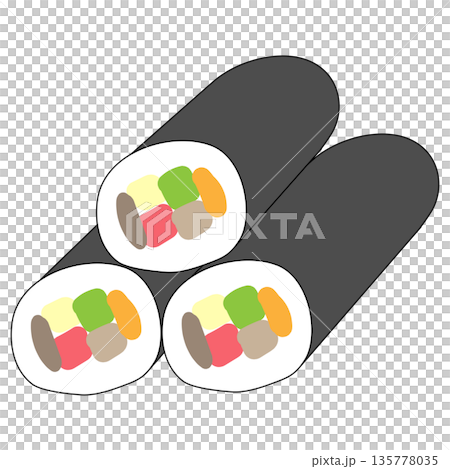 節分の恵方巻のイラスト 断面の具材が見える3本の太巻き寿司 135778035
